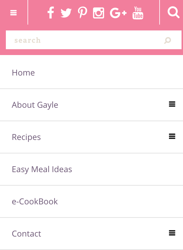 On mobile, Gayle's menu combines with her social icons and search to provide a simple experience without losing screen space.