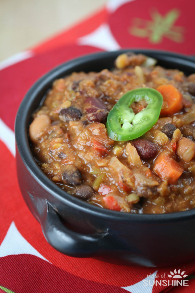 Check out this Chunky Veggie Chili from Plate of Sunshine. I'd never guess looking at it that it was vegan. It looks just as hearty as the meaty stuff.